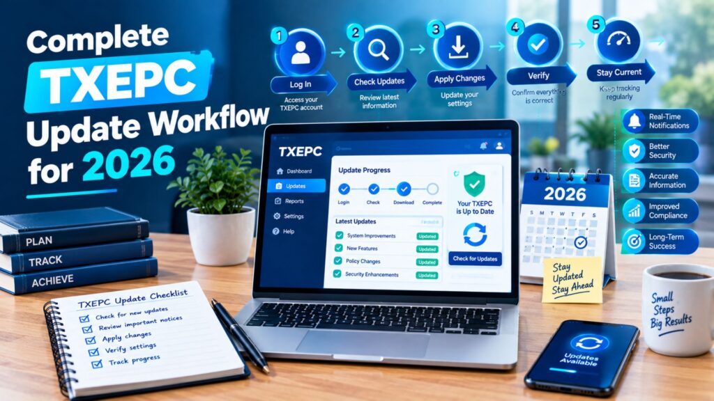 Laptop displaying a TXEPC update dashboard with a 2026 workflow, step-by-step update process, checklist, calendar, and verification icons.