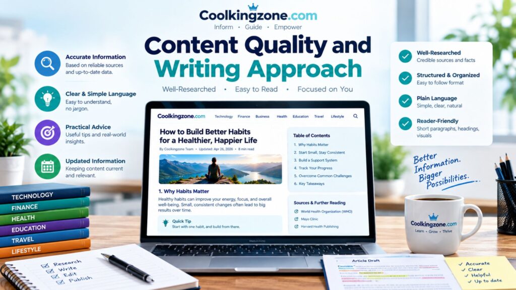 Alt text: Coolkingzone.com content quality and writing approach illustrated with a laptop article layout, highlighting accurate information, clear language, practical advice, updated content, credible sources, organized structure, and reader-friendly formatting.