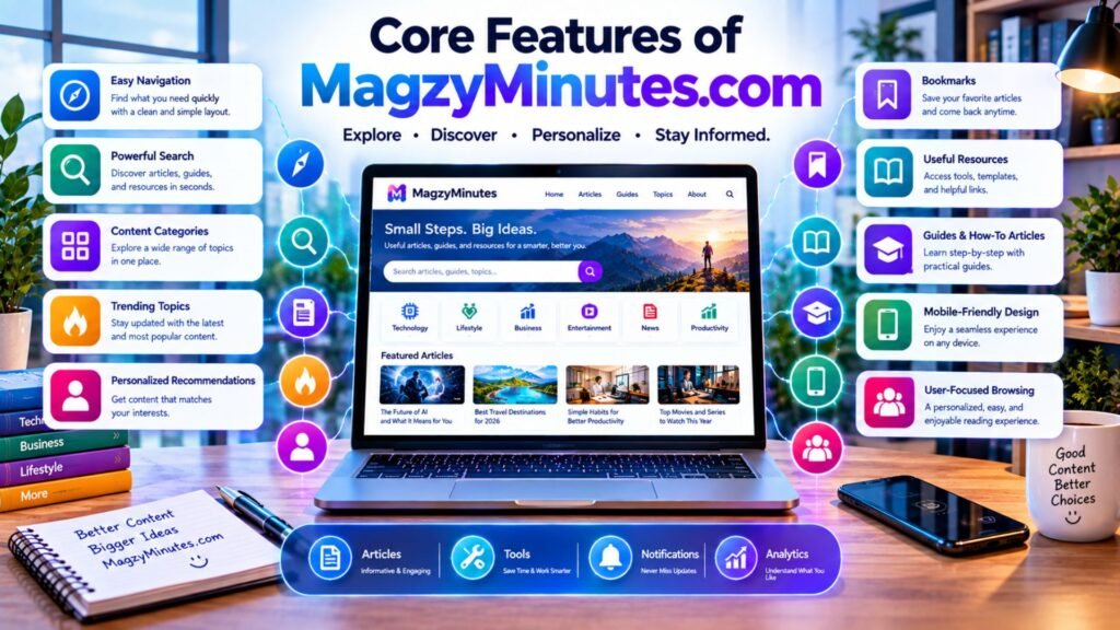 Core features of MagzyMinutes.com including easy navigation, search, content categories, trending topics, personalized recommendations, bookmarks, resources, guides, and mobile-friendly browsing.