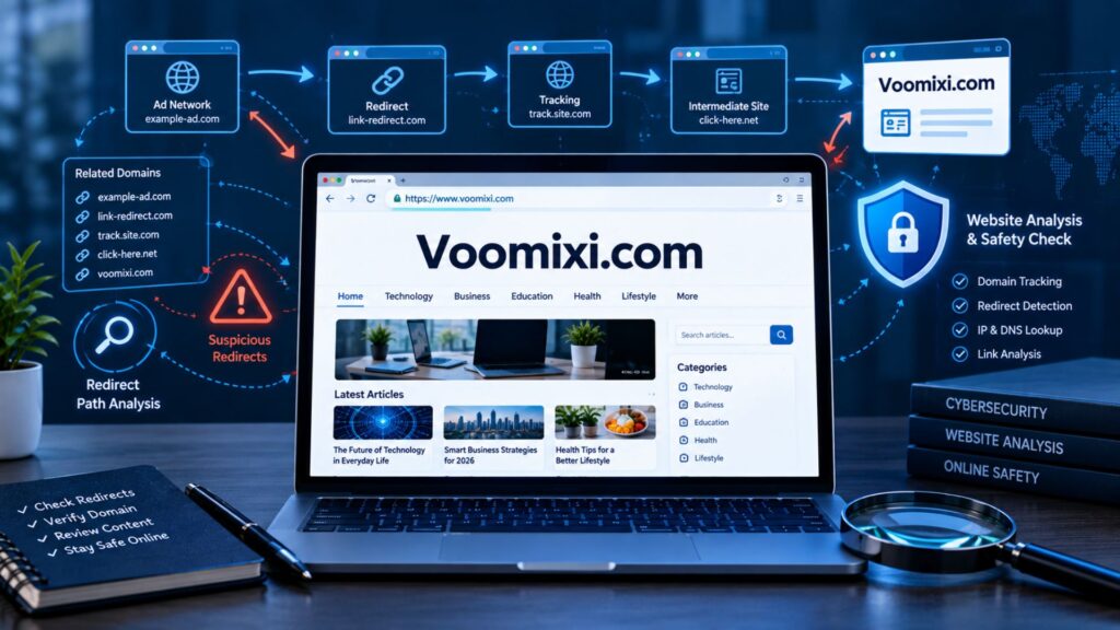 Voomixi.com redirect network investigation showing website links, redirect pathways, and cybersecurity analysis.