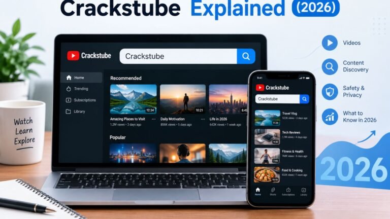 Crackstube explained in 2026, featuring a generic video-streaming interface on a laptop and smartphone.