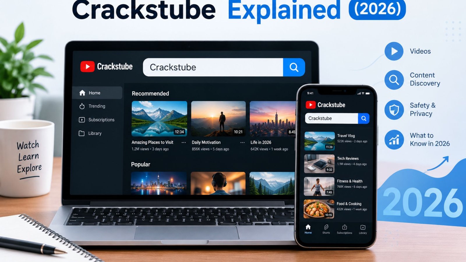 Crackstube explained in 2026, featuring a generic video-streaming interface on a laptop and smartphone.