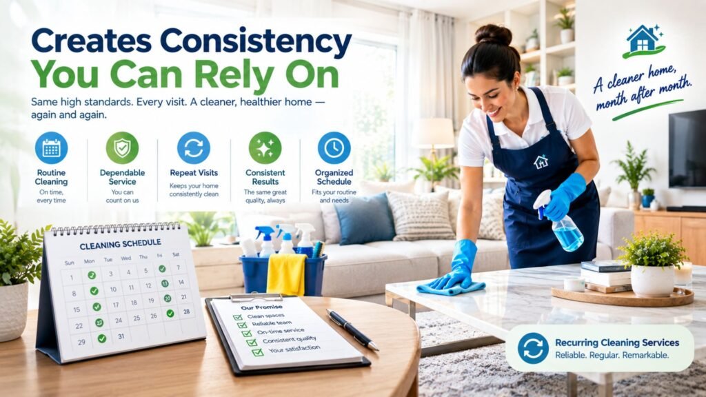 Professional home cleaning service maintaining consistent results with a regular cleaning schedule, organized rooms, and dependable routine care.