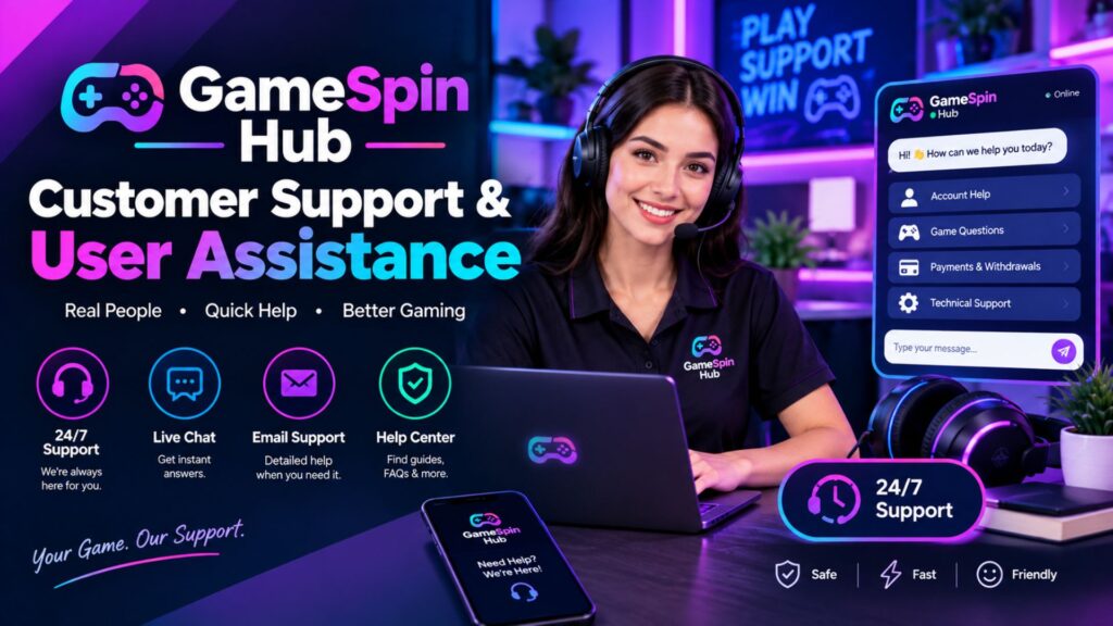 GameSpin Hub customer support interface with a live chat agent, 24/7 assistance, account help, payment support, technical support, and help center options