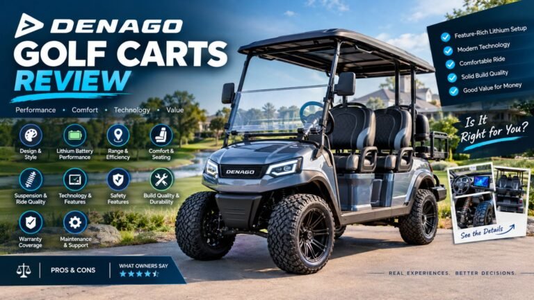 Denago golf carts review showing a modern electric golf cart with features representing performance, battery range, comfort, technology, and build quality