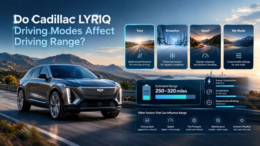 2026 Cadillac LYRIQ driving modes and their potential effect on electric driving range, battery use, and efficiency.