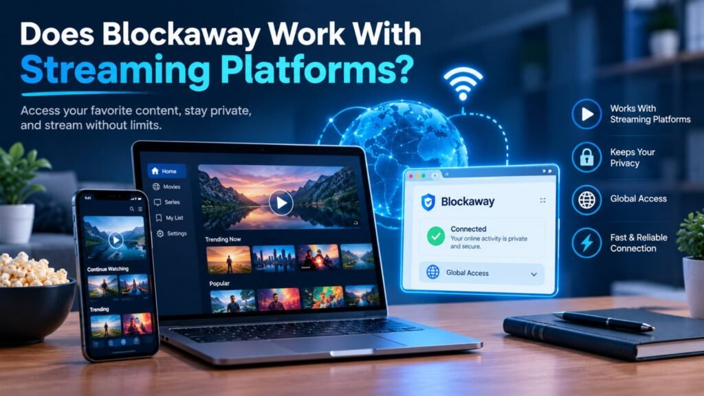 BlockAway proxy connection with generic streaming platforms on laptop and smartphone