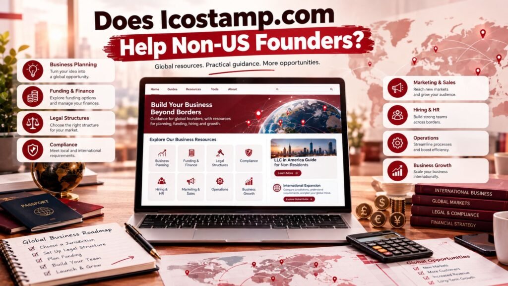 Icostamp.com resources for non-US founders covering international business planning, funding, legal structures, finance, hiring, and growth.
