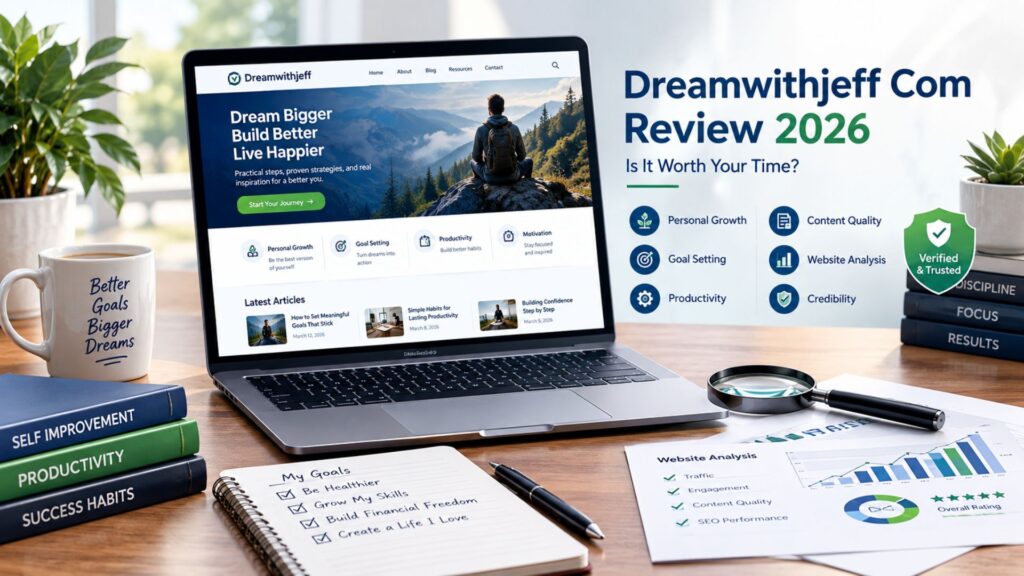 Dreamwithjeff Com Review 2026 showing a modern laptop with the Dreamwithjeff.com website, personal growth articles, goal-setting resources, productivity content, and website analysis elements.