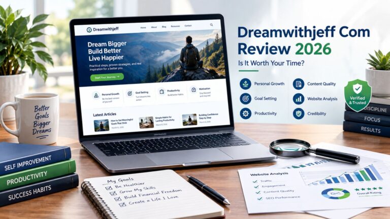 Dreamwithjeff Com Review 2026 showing a modern laptop with the Dreamwithjeff.com website, personal growth articles, goal-setting resources, productivity content, and website analysis elements.