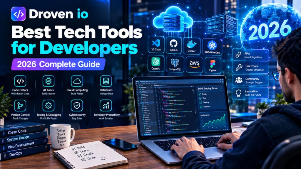 Droven io best tech tools for developers in 2026 featuring coding, AI tools, APIs, cloud computing, databases, testing, and developer productivity
