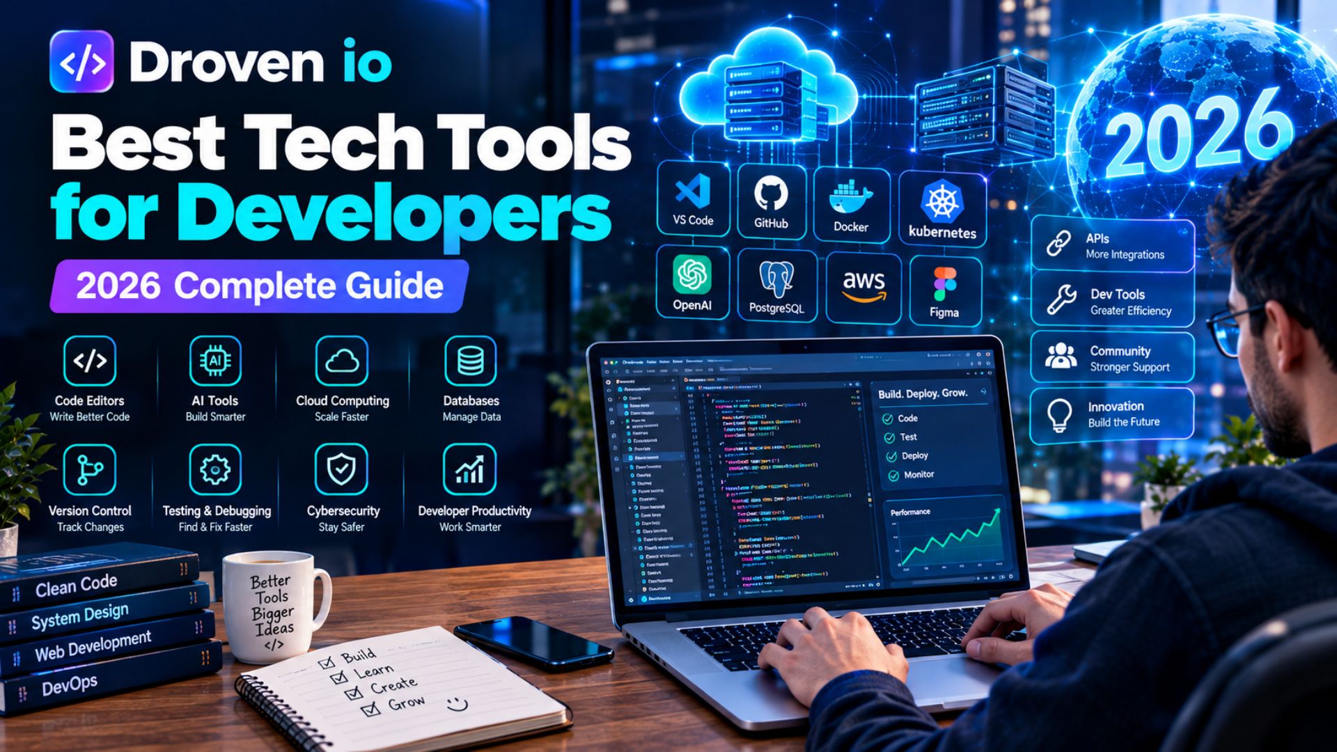 Droven io best tech tools for developers in 2026 featuring coding, AI tools, APIs, cloud computing, databases, testing, and developer productivity