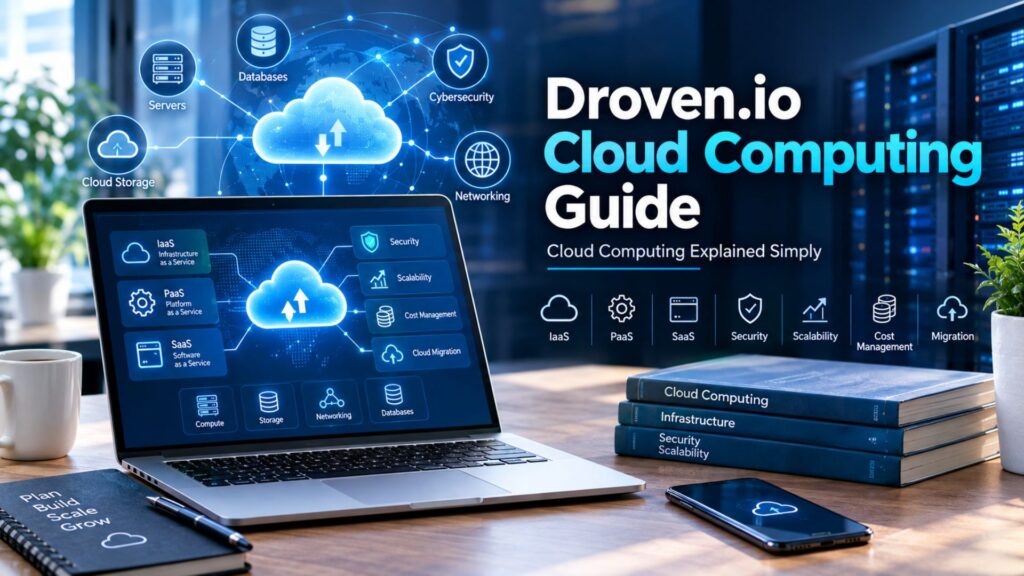 Droven.io Cloud Computing Guide displayed on a laptop with cloud storage, servers, databases, networking, cybersecurity, scalability, and cloud migration graphics.