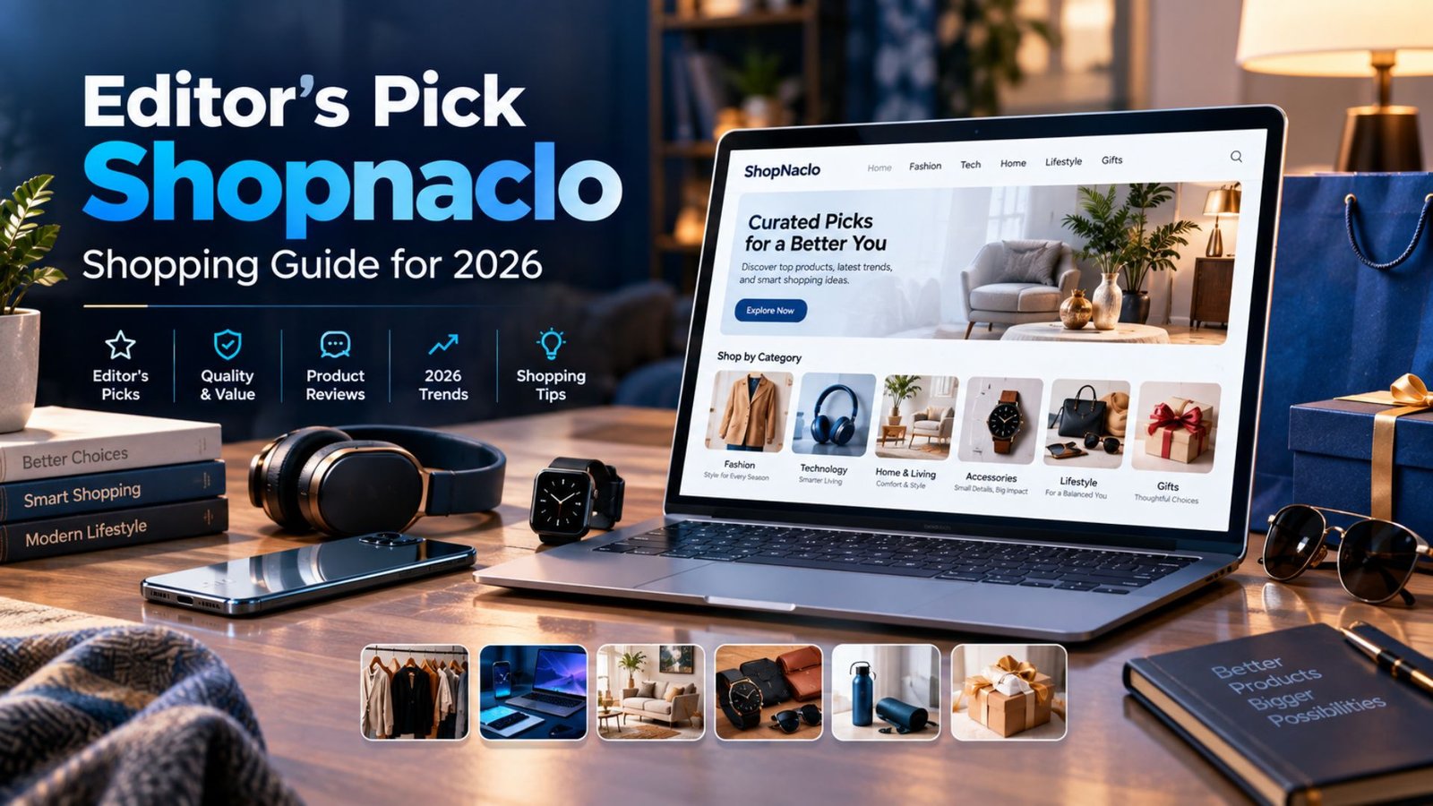 Editor's Pick Shopnaclo shopping guide for 2026 featuring curated fashion, technology, home, accessories, and lifestyle products on a modern digital shopping interface.