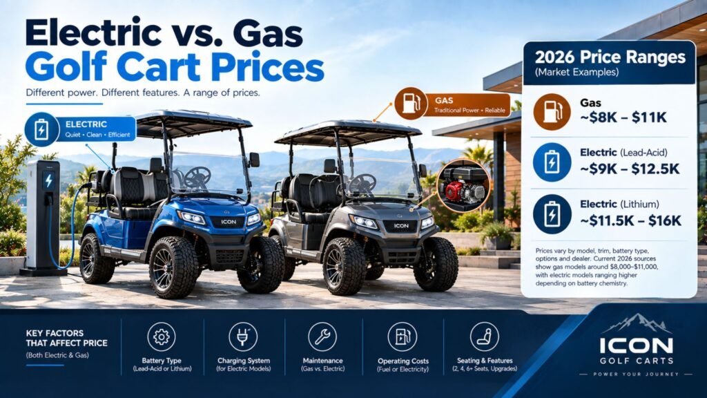 Electric and gas golf carts displayed side by side with a 2026 price comparison showing gas, lead-acid electric, and lithium electric golf cart price ranges.