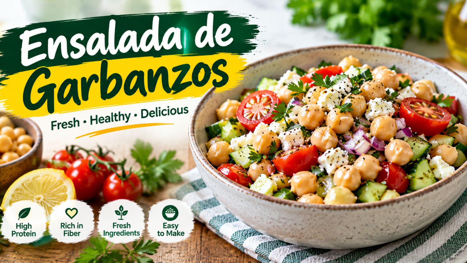 Ensalada de Garbanzos with fresh chickpeas, colorful vegetables, herbs, and a light dressing served as a healthy Spanish-style salad