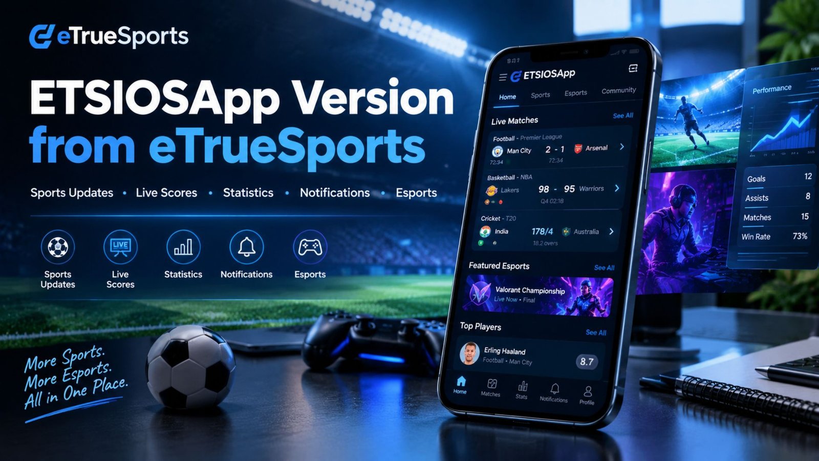 Smartphone displaying a sports and esports app interface with live scores, statistics, notifications, and match updates for an ETSIOSApp version from eTrueSports explainer.