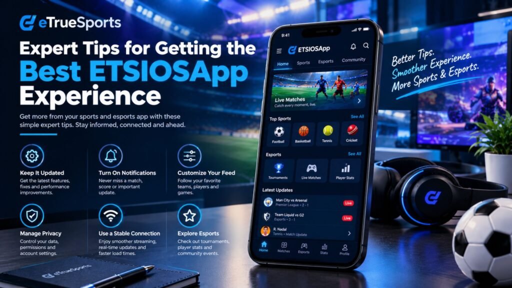Smartphone displaying ETSIOSApp sports and esports features alongside expert tips for updates, notifications, feed customization, privacy, stable connectivity, and discovering esports content.