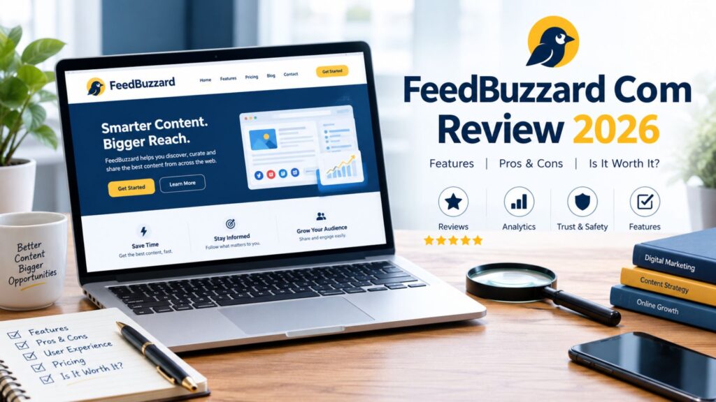 FeedBuzzard Com Review 2026 showing a laptop with the website interface, review checklist, analytics chart, and trust icons.