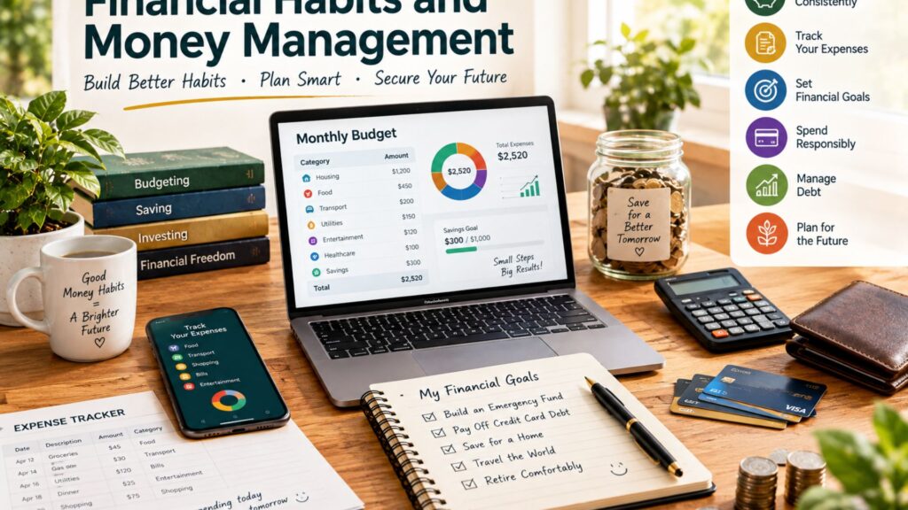 Financial habits and money management concept featuring a budget planner, savings jar, calculator, wallet, laptop, and financial planning tools.