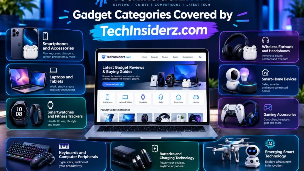 Gadget categories covered by TechInsiderz.com, featuring smartphones, laptops, smartwatches, wireless earbuds, smart-home devices, gaming accessories, keyboards, batteries, and emerging technology around a central laptop.