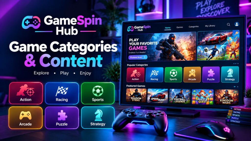 GameSpin Hub game categories and content featuring action, racing, sports, arcade, puzzle, and strategy games