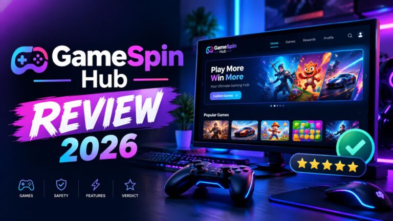 GameSpin Hub Review 2026 featuring a modern gaming interface, controller, and review rating graphics