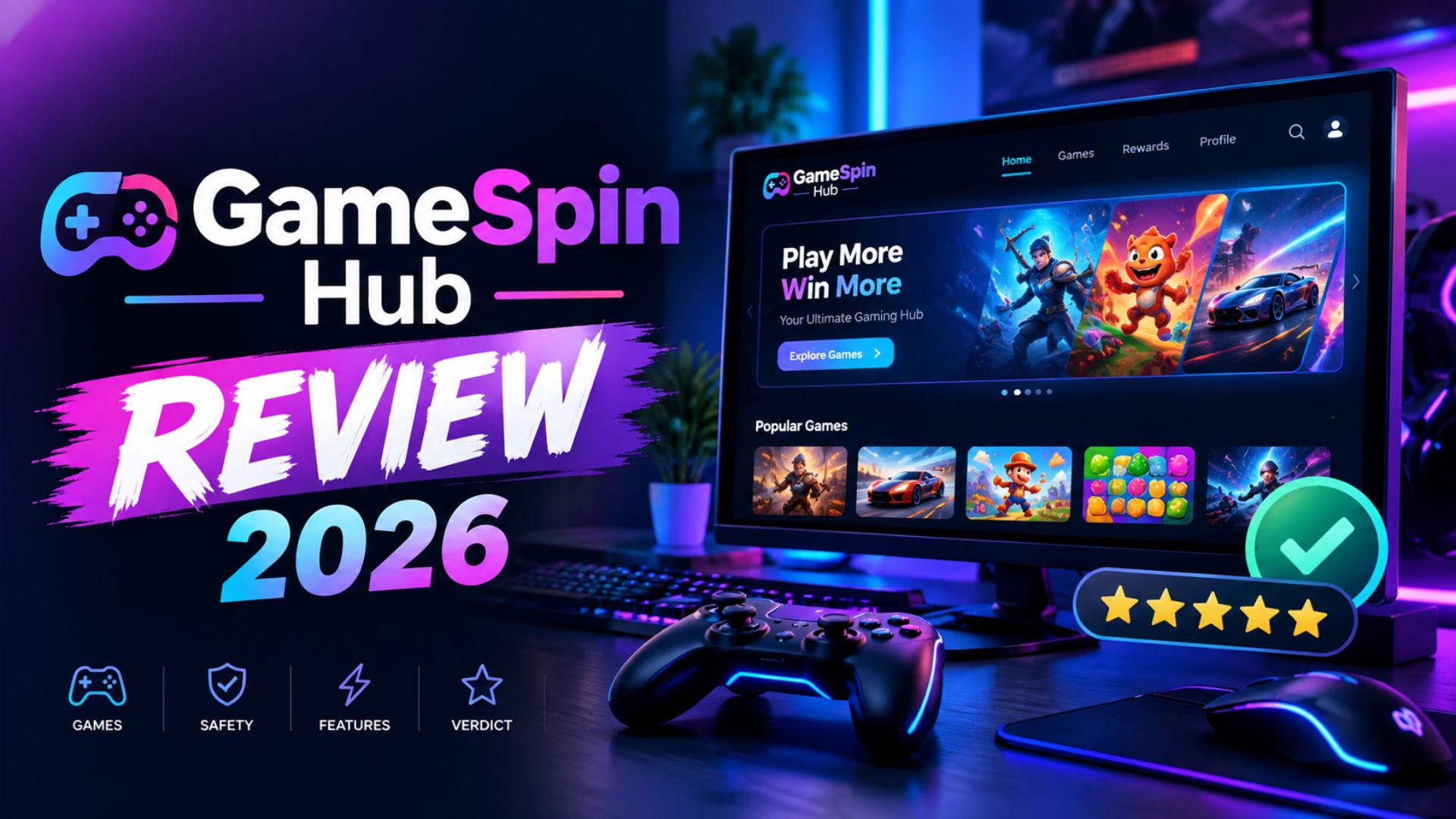 GameSpin Hub Review 2026 featuring a modern gaming interface, controller, and review rating graphics