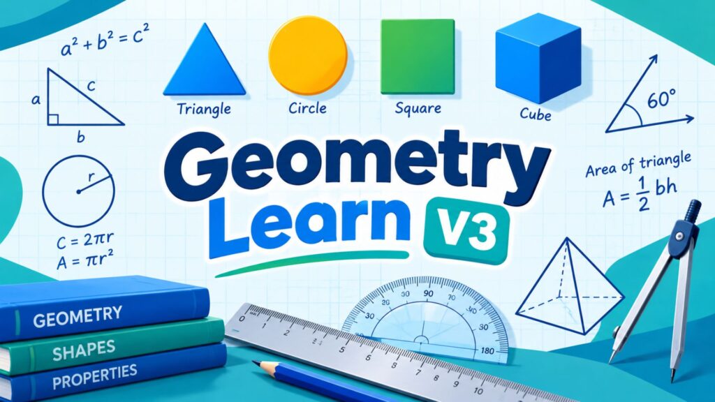 Geometry Learn V3 educational graphic featuring geometric shapes, angles, and mathematical diagrams