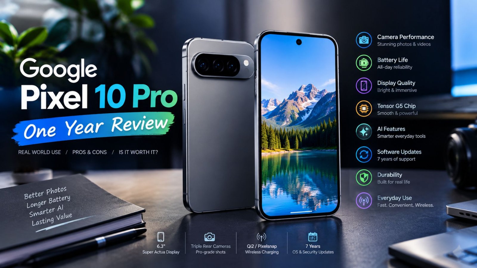 Google Pixel 10 Pro one year review showing the smartphone, triple-camera system, display, battery, and everyday performance features