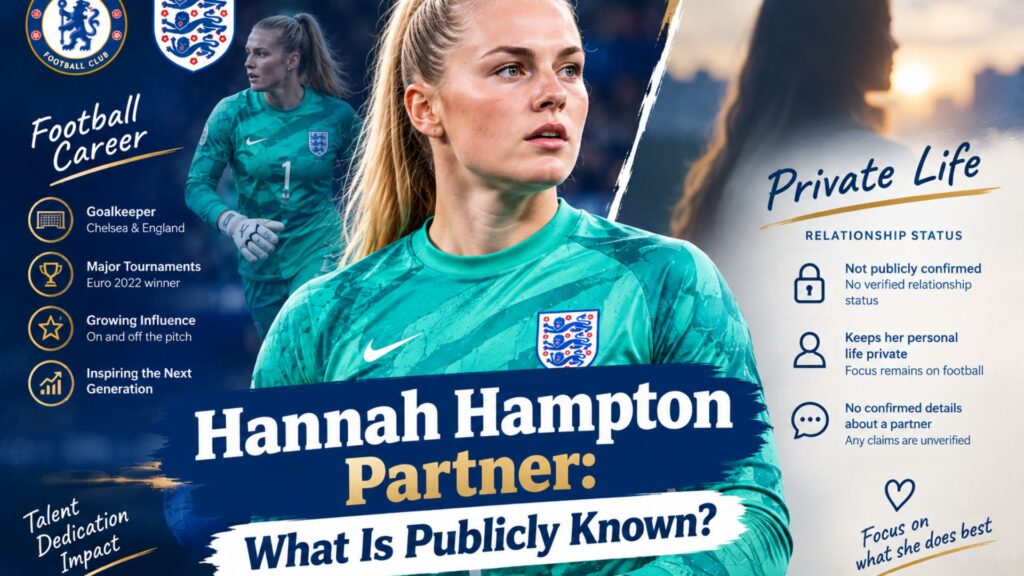 “Hannah Hampton in a football-themed editorial graphic about her publicly known relationship status and private life”