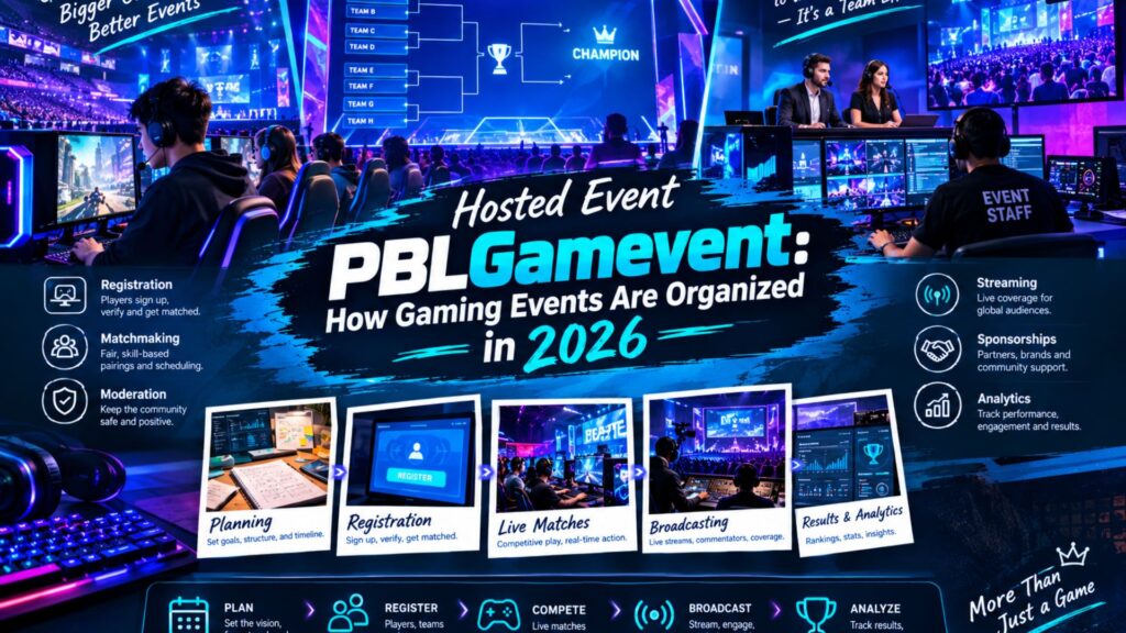 Modern esports tournament with gamers, digital brackets, live streaming, event staff, and gaming event management screens