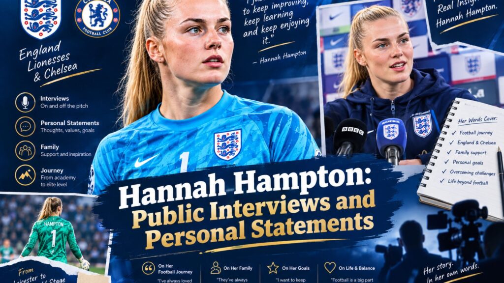 “Hannah Hampton in a sports editorial graphic highlighting her public interviews, personal statements, and football career”
