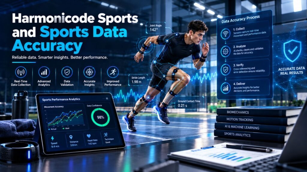 Harmonicode Sports data accuracy concept showing an athlete with motion sensors, biomechanical tracking, real-time sports data collection, AI analytics, data validation, and performance insights.
