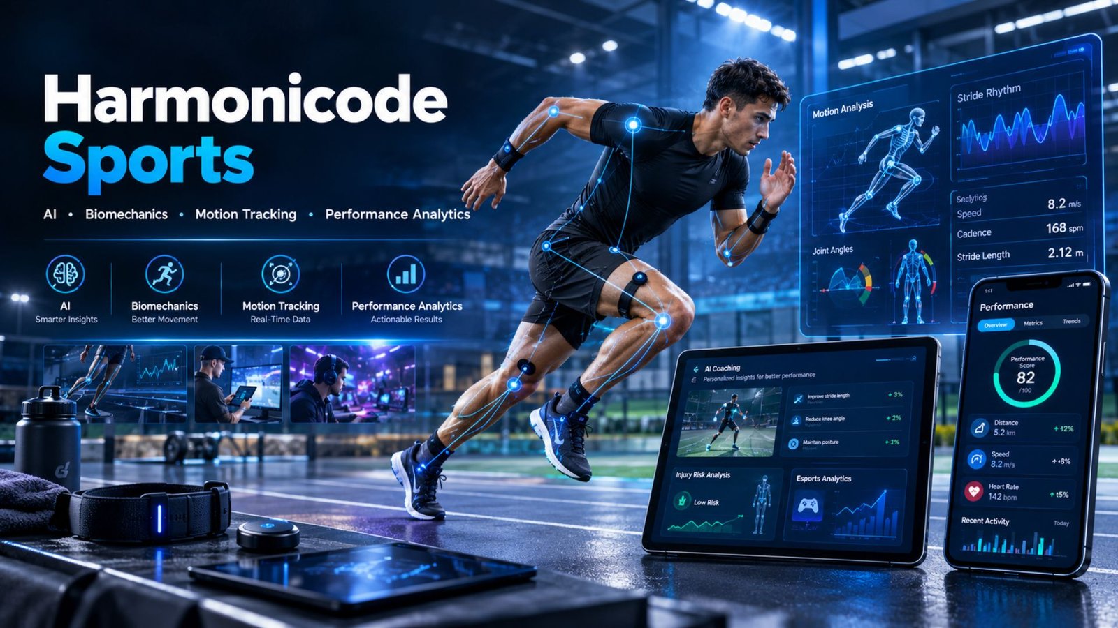 Harmonicode Sports technology concept showing athletic motion tracking, wearable sensors, AI analytics, biomechanics data, and performance insights in a modern sports training environment.