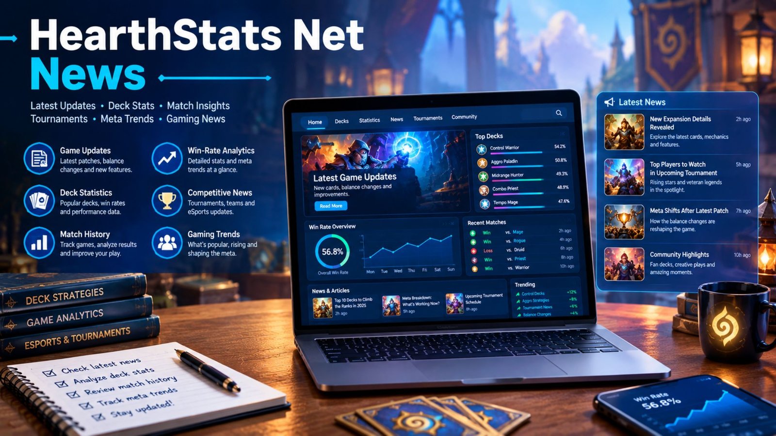 HearthStats Net News featuring a gaming dashboard with deck statistics, match history, win-rate analytics, game updates, and competitive gaming trends.