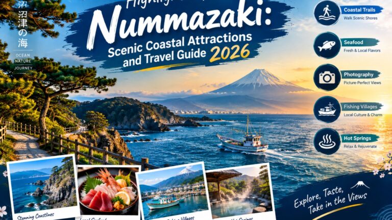 Scenic Suruga Bay coastline near Numazu with Mount Fuji, fishing boats, coastal cliffs, and travel highlights