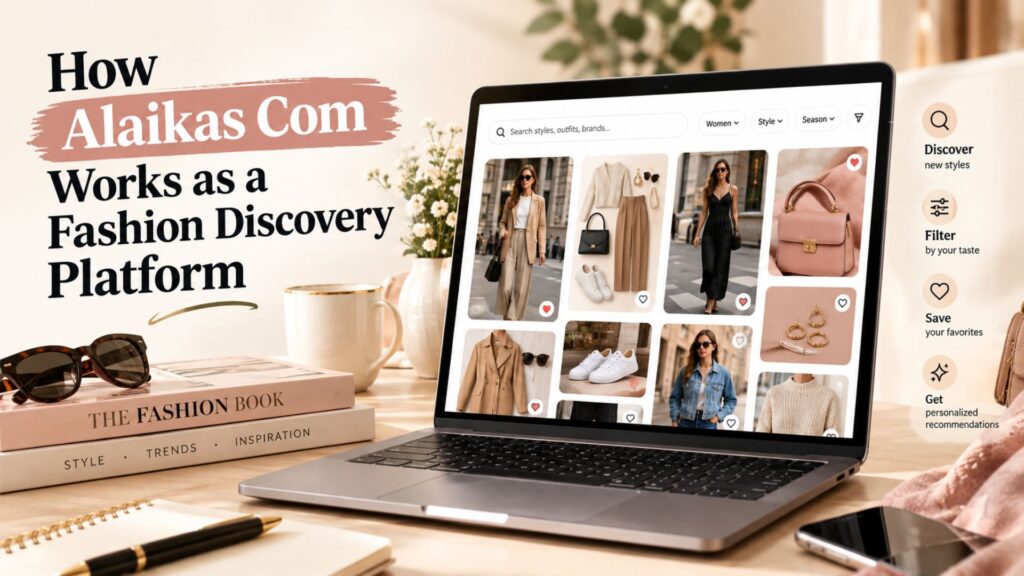 Alaikas fashion discovery platform showing curated outfits, fashion inspiration, and digital browsing features on a laptop