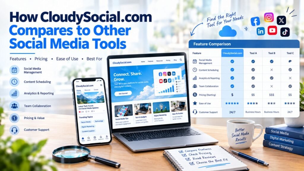 CloudySocial.com comparison with other social media tools, showing feature management, scheduling, analytics, collaboration, pricing, and support on laptop and mobile screens.