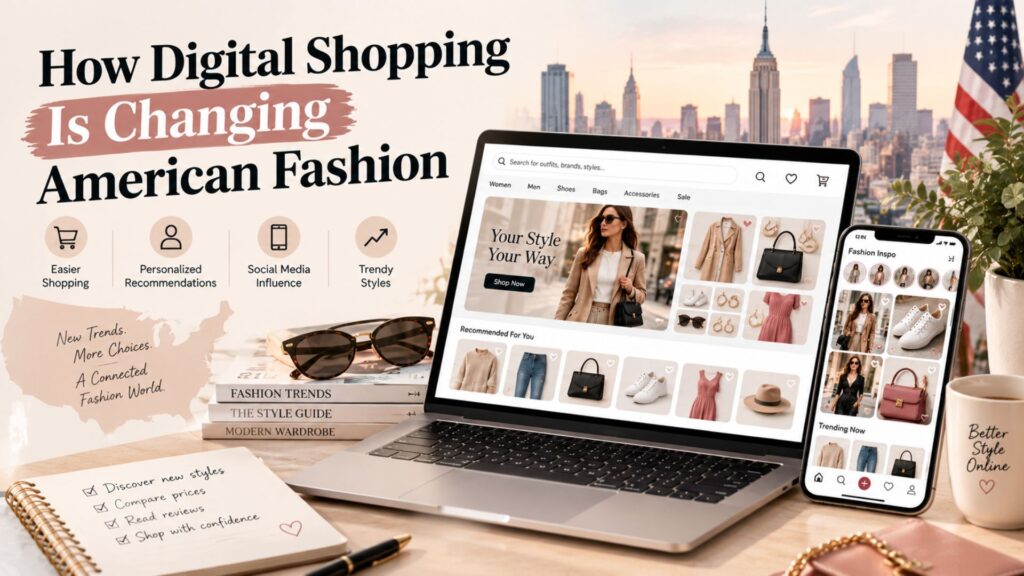 Digital fashion shopping on a laptop and smartphone showing clothing, personalized recommendations, and online trends influencing American fashion