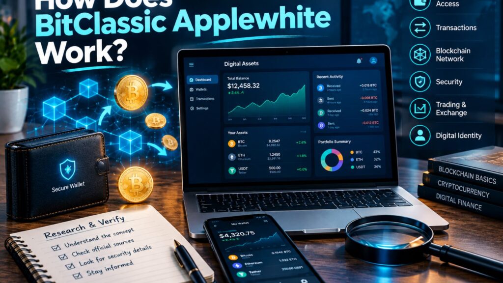 How BitClassic Applewhite works, illustrated with a cryptocurrency dashboard, digital wallet, blockchain network, transaction graphics, and security elements.