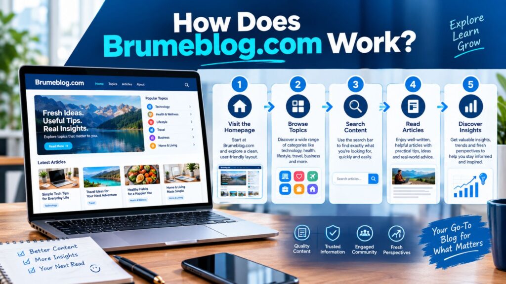 Laptop showing a generic Brumeblog.com interface with a visual workflow for browsing topics, searching content, reading articles, and discovering insights.