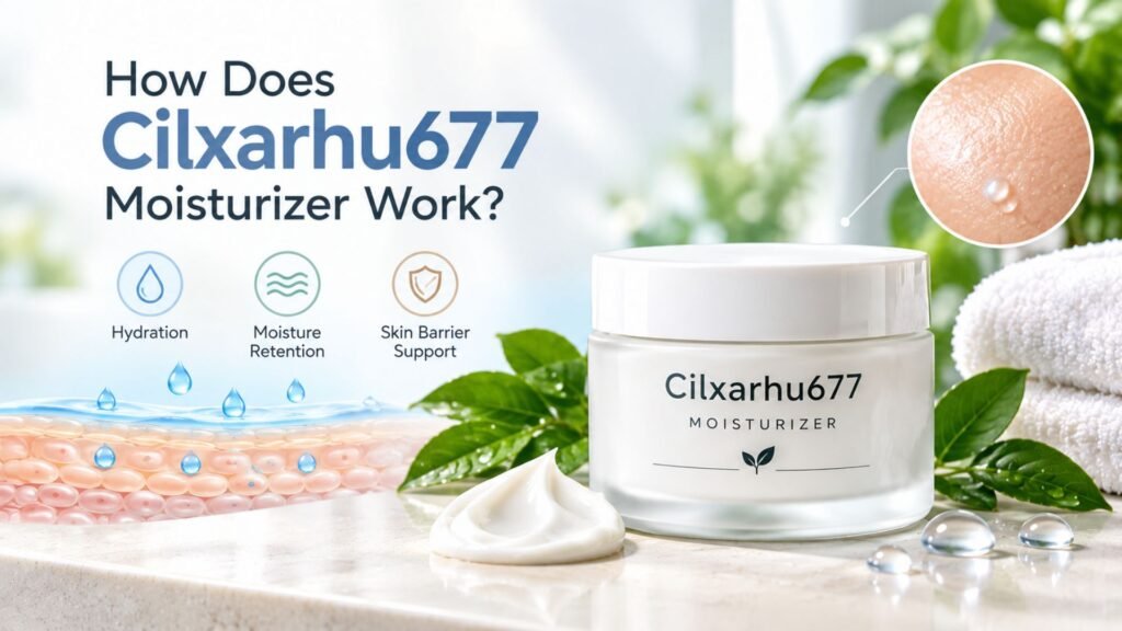 Cilxarhu677 moisturizer with water droplets and skincare elements illustrating hydration and moisture retention.