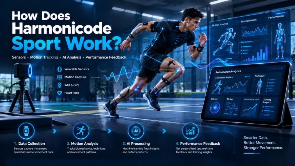 How Harmonicode Sport works with wearable sensors, biomechanical motion tracking, AI analysis, rhythmic data visualization, and real-time athletic performance feedback.