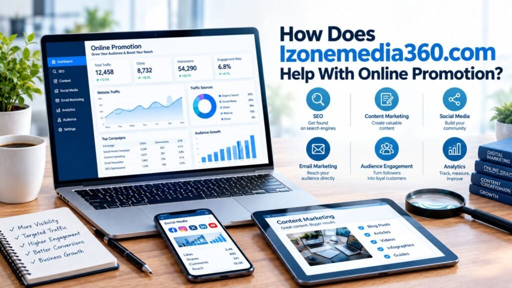 Izonemedia360.com online promotion concept showing SEO, social media, content marketing, email marketing, and analytics on digital devices.