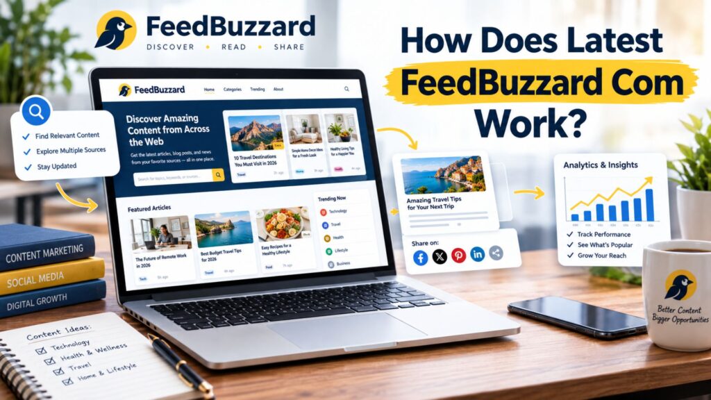 How Does Latest FeedBuzzard Com Work showing the FeedBuzzard platform on a laptop with content feeds, sharing tools, workflow elements, and analytics.