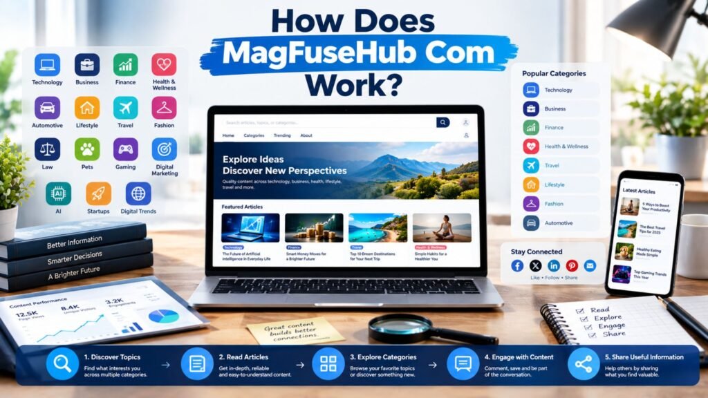 MagFuseHub Com workflow showing how users discover, read, explore, and engage with digital content across multiple categories.