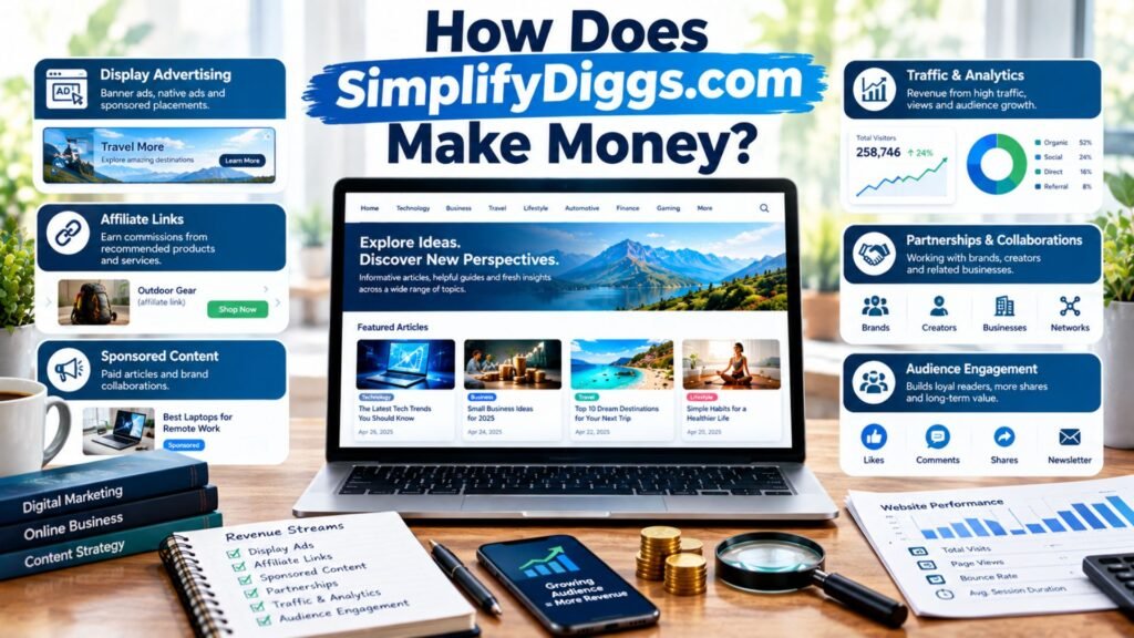 SimplifyDiggs.com monetization review showing a generic content website, advertising, affiliate links, analytics, partnerships, and digital revenue elements.