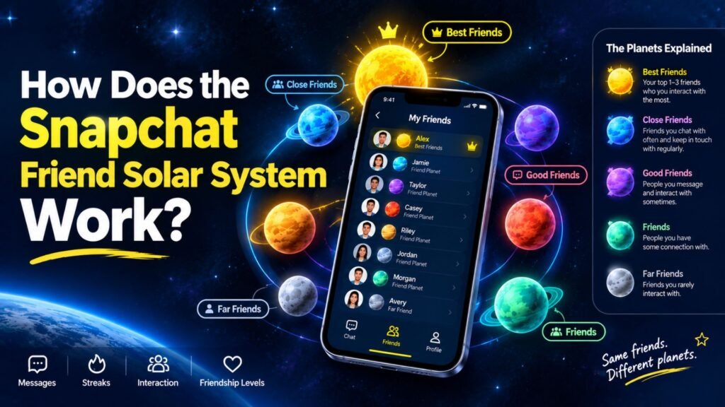 How the Snapchat Friend Solar System works, with a smartphone showing friendship levels represented by colorful planets.
