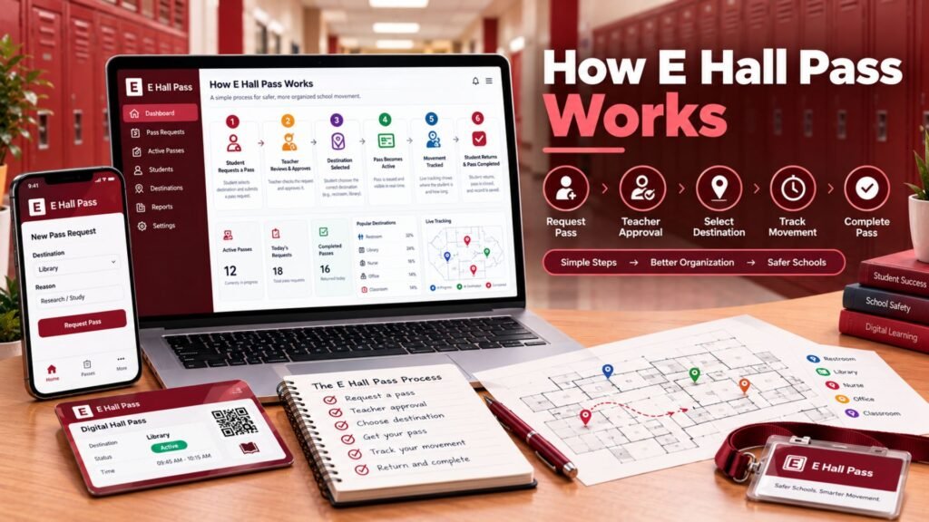 How E Hall Pass works, showing the digital process from student pass request and teacher approval to destination selection, tracking, and pass completion.